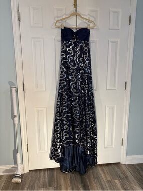Alyce Designs vintage Strapless High-Low Sequin Evening Dress in Navy/silver